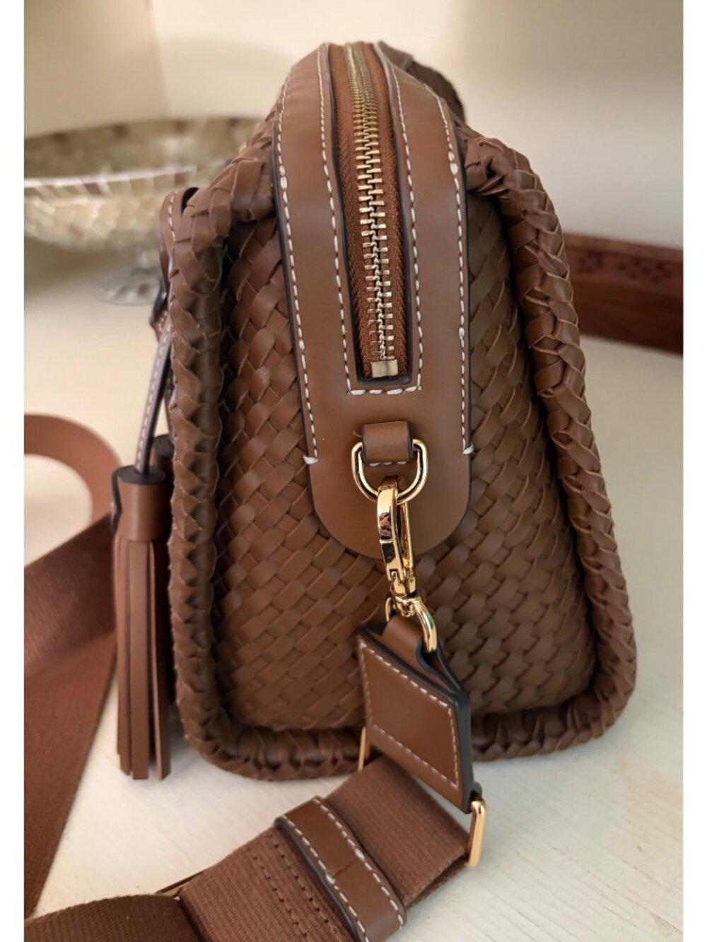 Tory Burch Thea Woven Leather McGraw Web Small Satchel Handbag Wide Crossbody Sh - Picture 5 of 16